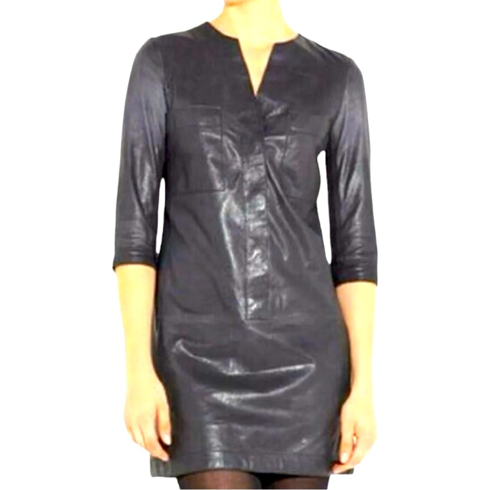 Vince Lambskin Leather Sheath Short Mini Dress Graphite Blue 8